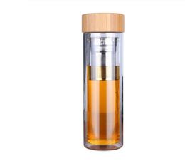 Bamboo Water cup Lid Double Walled Glass Tea Tumbler With Strainer And Infuser Basket Water Bottles
