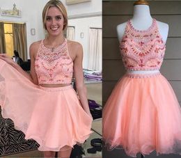 Blush Pink Short Prom Dresses Two Pieces Halter Neck Beaded Crystal Graduation Homecoming Dress Beading Cocktail Gowns C111