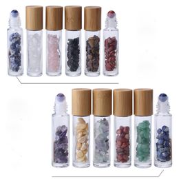 Wholesale Glass Roll On Bottles 10ml with Natural Gemstones Ball And Bamboo Cap Stone Inside Essential Oil Stone Ball