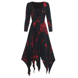 Feitong Bandage Long Sleeves Dress Woman Dress Plus Size Tie-dye Print Long Sleeve Lace-up Handkerchi Gothic Party