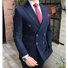 Double Breasted Men Suits Navy Blue Groom Tuxedos Peak Lapel Groomsmen Wedding/Prom Best Man 2 Pieces ( Jacket + Pants +Tie ) L571