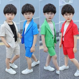 Summer Children's Short Sleeve Suit Sets Boys Performance Birthday Party Costume Kids Blazer Shorts Pants Dress Hosted Outfits