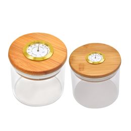 Glass Herb Storage Container With Hygrometer On Lid Clear Glass Bamboo Herb Spice Stash Jar Storage Bottle Tobacco Stash Case Two Size