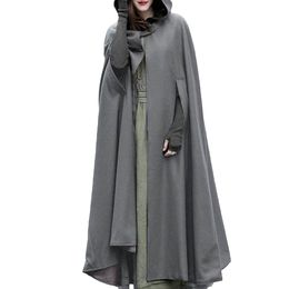 Fashion- Winter Women Button Open Front Cardigan Overcoat Hooded Coat Oversized Retro Irregular Long Poncho Cape Trench Cloak Autumn