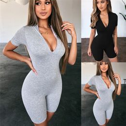 Sexy Women Zipper V-neck Jumpsuits Fitness Tights Playsuit Costume Short Sleeve Romper Tracksuit For Women