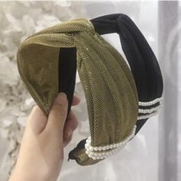 New Gilding Cloth Wide Cross Headband Pearls for Women Headdress Handmade Solid Pearls Hairband Adults Face Wash Head Band