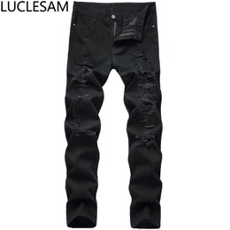 Mens Distressed Jeans Male Ripped Hole Straight Denim Pants Hip Hop Streetwear High Waist Trousers Men Black Vintage Casual Jean1818