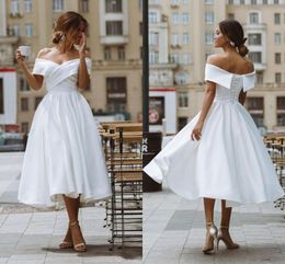 Setwell Off The Shoulder A-line Wedding Dresses Sleeveless Sexy Backless Tea Length Pleated Simple Satin Short Bridal Gowns
