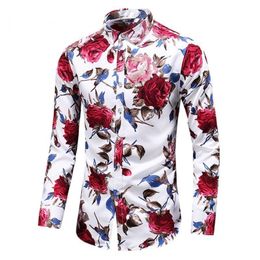 Fashion- Floral Men Shirts Plus Size Flower Print Casual Camisas Masculina Black White Red Blue Male Turn-down Collar Shirt Blouse263r