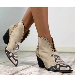 Female Autumn Winter Lace PU Leather Cowboy Ankle Boots Women Wedge High Heel Booties Snake Print Western Boot Square Heel