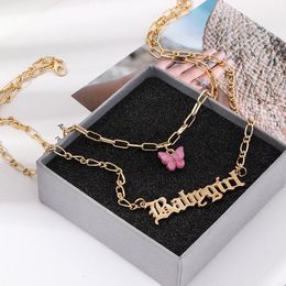 Fashion Double Layer Angel Babygirl Letter Pendant Necklace Women Blue Pink Acrylic Butterfly Necklace fashion Jewellery