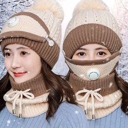 Women Winter Warm Woolen knit Beanie Hat Scarf Breathing valve Mask Sets 3 in 1 Pompom Knit Snow Ski Caps LJJK2491