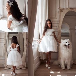 white flower girl dresses tiered skirts tulle knee length short sleeve girls pageant gowns beading pleats kids formal party dress