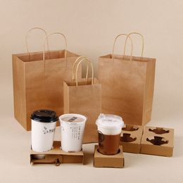 Disposable Kraft Paper Handbag with Cup Holder Set Coffee Drink Milk Tea Juice Takeout Bag WB2671
