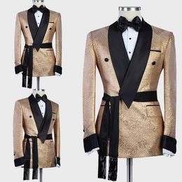 Arabic Gold Wedding Tuxedos with Belt Custom Made Single Jacket Groom Groomsmen Suit Mens Formal Wear