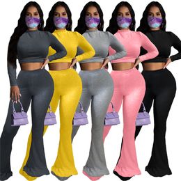 Plus size 4XL fall winter Women hoodies crop top bell-bottom pants 2 piece set long sleeve sweatshirt flared pants solid Colour outfits 3858