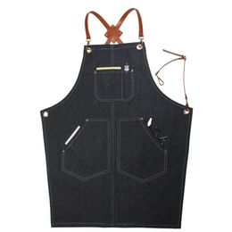 Aprons Denim Leather Simple Uniform Unisex Adult Jeans Aprons for Woman Men Male Lady Kitchen Barber Cooking