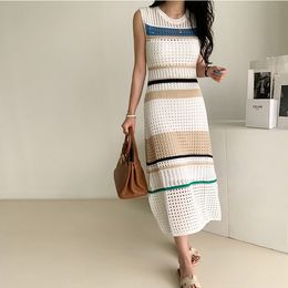 Hot Sale Summer new 2020 vest Korean Big skirt dress style temperament hollow-out striped stretch knit large swing dress two-piece set