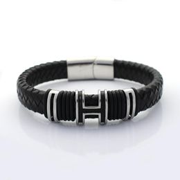 12MM Wide Braided Retro Genuine Leather Bracelet For Men Stainless steel H Bead Bracelets with Magnet Clasp