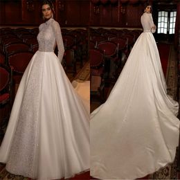 Gorgeous Wedding Dresses Glitter Sequins Beads Ruched Satin Church Bridal Dresses A Line High Neck Long Sleeves Plus Size Robes De Mariee