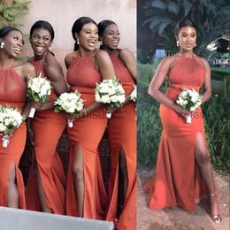 Cheap New Sexy African Mermaid Bridesmaid Dresses Orange Halter Side Split Plus Size Wedding Guest Dress Draped Garden Maid of Hon2491