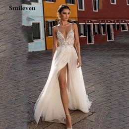 Smileven Beach Wedding Dress Boho vestido de noiva Bohemian Side Split Lace Bridal Dress Backless Spaghetti Straps Wedding Gowns