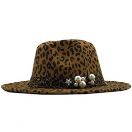 Simple Wide Brim Leopard Wool Fedora Felt Hat For Women Leopard pearl New Warm Winter Panama Hat men Jazz Cap