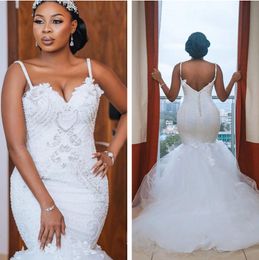 Modest African Plus Size Wedding Dresses 2021 robe de mariee Mermaid Bridal Gowns Sexy Spaghetti Open Back Crystal Lace Handmade Bride Dress