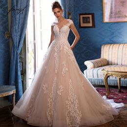 Fmogl Sexy Illusion Scoop Neck Lace A Line Wedding Dresses 2020 Luxury Appliques Cap Sleeve Court Train Vintage Bridal Gowns