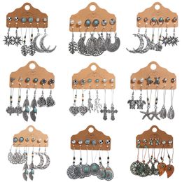 6 pair/set Earring Jewellery Female DIY Antique Silver Hoop Earrings For Women Big Moon Sun Feather Heart Boho Earring Set Fashion Jewellery