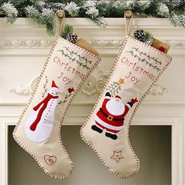 Burlap Embroidery Christmas Stocking 46*18cm Burlap Child Gift Candy Storage Bag Xmas Decorative Santa Snowman Hanging Stocking