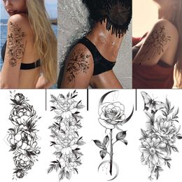 100Pcs Wholesale Cool Black Flower Art Body Waterproof Temporary Tattoos Women Beauty Sexy Rose Design Flash Fake Tattoo Sticker T200908