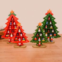 Christmas Tree Desktop Decoration DIY Wooden Red Green Xmas Tree Design Cartoon Santa Snowman Motif Table Decor