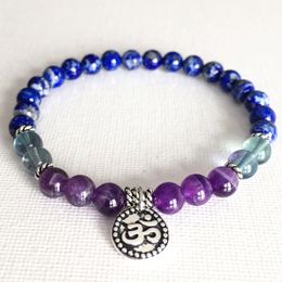 MG0818 6 mm Genuine Lapis Lazuli Ohm Charm Bracelet Top Grade Fluorite Amethys t Yoga Mala Bracelet Peace Bringer Bracelet