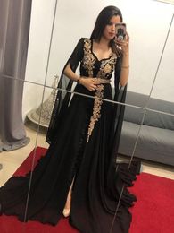 Slit Chiffon Moroccan Kaftan Flare Sleeve Formal Evening Dresses Lace Appliques Beaded Muslim Special Occasion Gown Plus Size Prom Dress