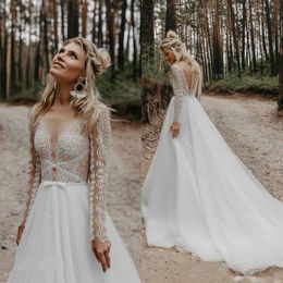 2021 Bohemian Wedding Dresses Long Sleeves Lace A Line Illusion Plus Size Covered Buttons Back Custom Made Wedding Gowns Vestido de novia