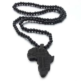 Pendant Necklaces Black Wood Round Beads Handmade Elastic Africa Map Engraved DIY Vintage African Women Party Hiphop Rock Jewelry1276j