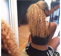 DIVA Honey Blonde deep curly brazilian hair pony tail hairpiece ribbon wrap African clip in drawstring blond Ponytail for black women 140g
