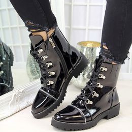 Motorcycle Fashion Patent Autumn 939 PU Round Toe Lace-Up Combat Women Shoes Ladies Snow Office Boots Dropshipping 200916 21220