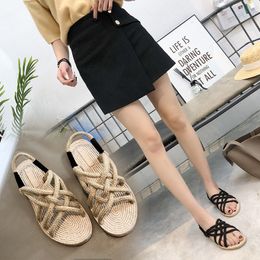 Hot Sale-Summer Will Crossing Bandage Flax Level With Sandals Woman Solid Color Flat Bottom Rome Footwear, Fishmouth, Shoe Moisture