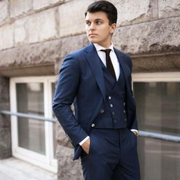 3 Pieces Mens Groom Wedding Suits Navy Blue Groomsme Slim Fit Two Button Formal Work Prom Office Blazer Jacket(Jacket+Vest+Pants)