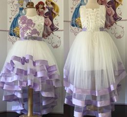 cheap lilac flower girl dresses UK - Elegant Lilac Lace High Low Flower Girls Dresses For Wedding Party Jewel Neck Applique Crystal Beaded Hi Low Cheap First Communion Dress