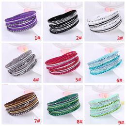 Multilayer Wrap Bracelet Big Crystals Flocking Leather Charm Bangles with Chains Wristband Women Christmas Gift 16 colors