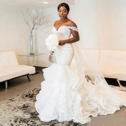 2020 South African vestido de noiva Mermaid Wedding Dresses off the shoulder Vintage Cascading Ruffles Organza beaded Crystal Bridal Gowns
