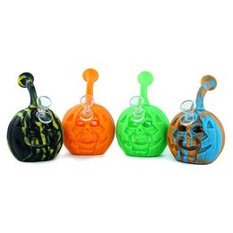 6" Halloween Skull Pumpkin water pipe Silicone bong dab rig with glass bowl & LED light portable Silicone bong