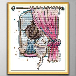 Little girl and fat cat Handmade Cross Stitch Craft Tools Embroidery Needlework sets counted print on canvas DMC 14CT /11CT