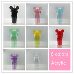 15oz Mouse Ear Tumbler 8 Colors Acrylic Tumbler Double Wall Ear Mug with Dome Lid and Same Color Straw Cute Kids Water Bottle