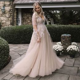 2021 Boho Beach Wedding Dresses A Line Romantic Bridal Gowns Champagne Illusion Long Sleeves V Neck Appliques Lace Country Tulle Bride Dress