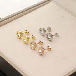 Europe America Style Lady Women Titanium Steel Engraved B Initials Single Diamond Round Stud Earrings 3 Colour