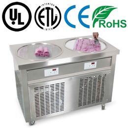 KOLICE High quality commerical snack food machine kitchen equipment double round 50CM pans fried ice cream roll machine with refrigerant